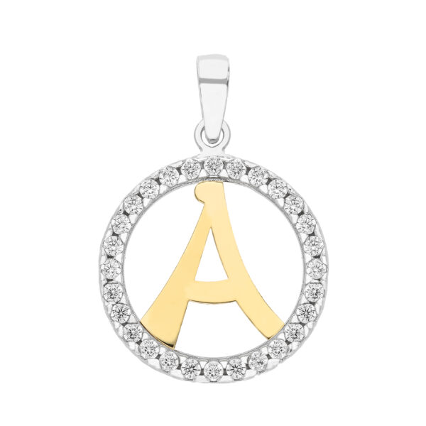 18Kt Gold Two-Tone Letter in Circle with Crystals