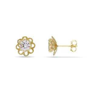 18Kt Gold Filigree Flower Stud Earrings with Clear Stone