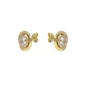 18Kt Gold Half-Circle Stud Earrings with Clear Stone