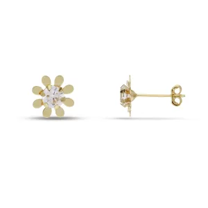 18Kt Gold Petal Flower Stud Earrings with Clear Stone