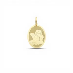 18Kt Gold Sacred Medal with Angel Oval Shape Pendant