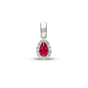 18Kt Gold White Gold Pear Ruby and Diamond Halo Pendant
