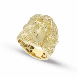 18Kt Gold Jesus Ring with Crystals