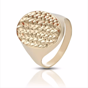 9Kt Gold Oval-shaped shield men's ring with diamond finish