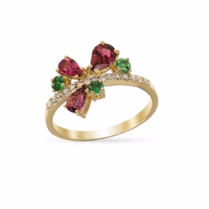 Pink Tourmaline, Tsavorite & Diamond Ring in 18K Gold